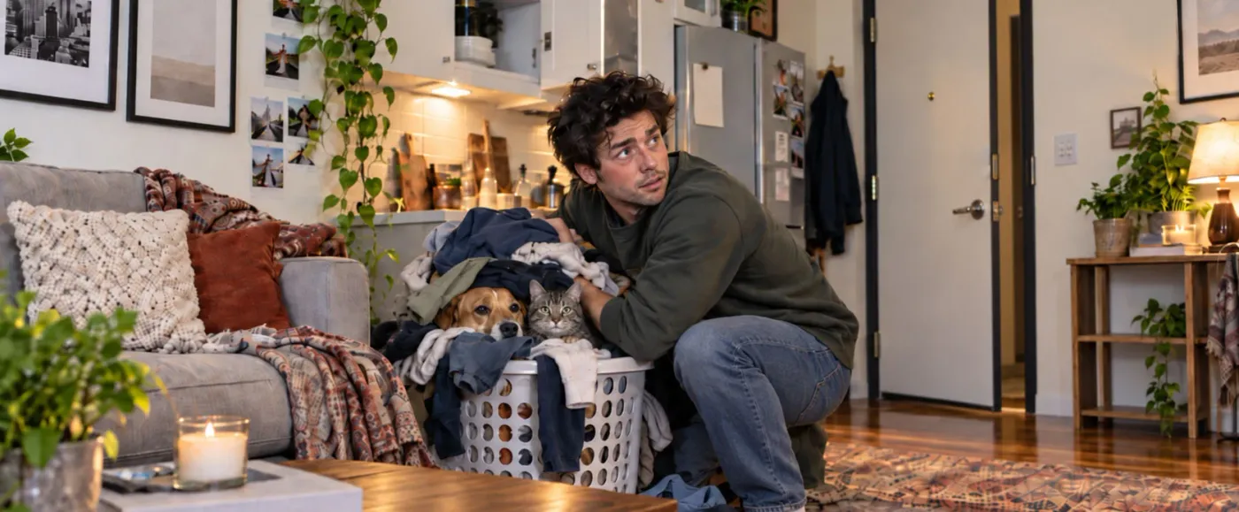 A renter kneeling by a laundry basket, hiding his dog and cat under the clothes while glancing at the front door